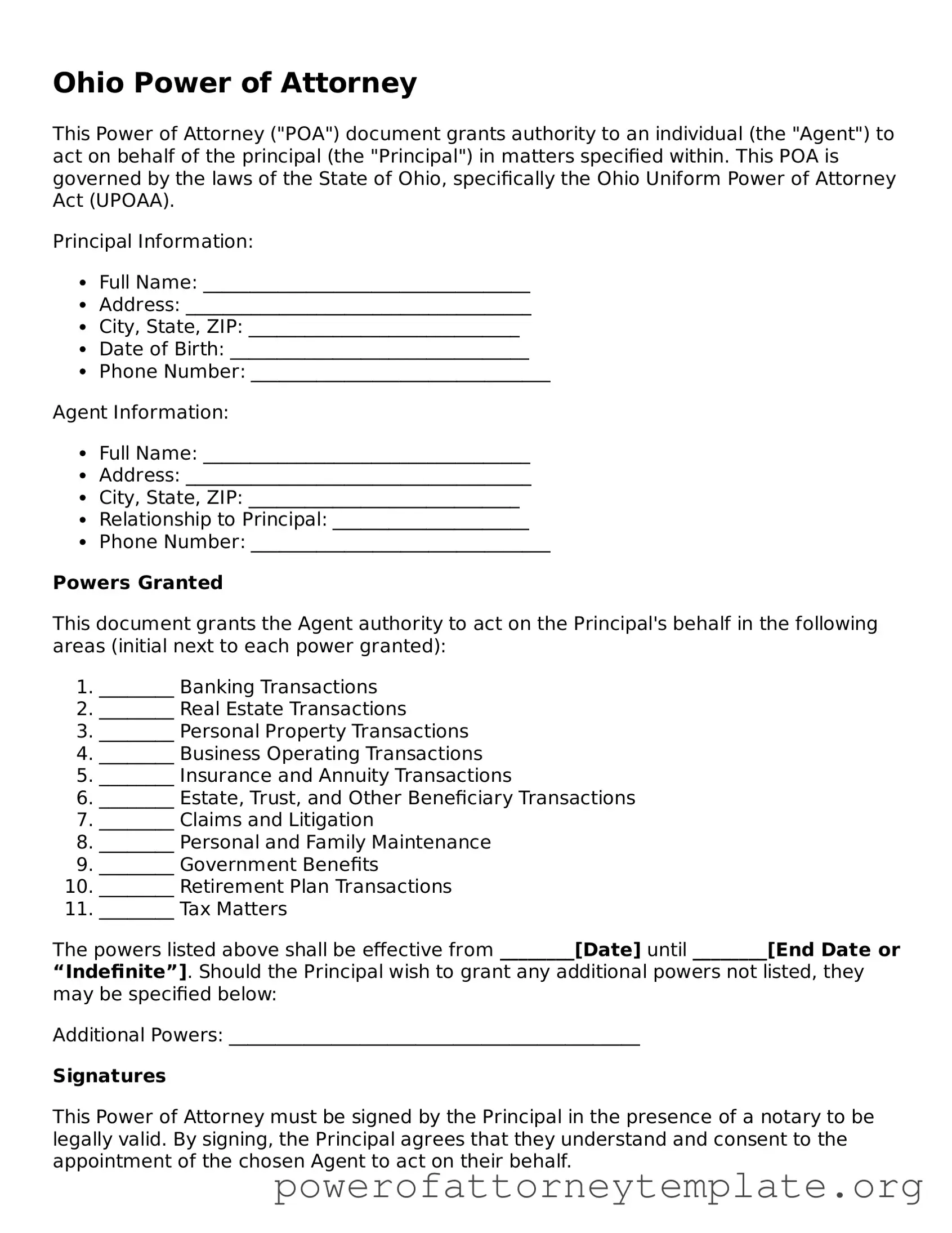 Legal Ohio Power of Attorney Template