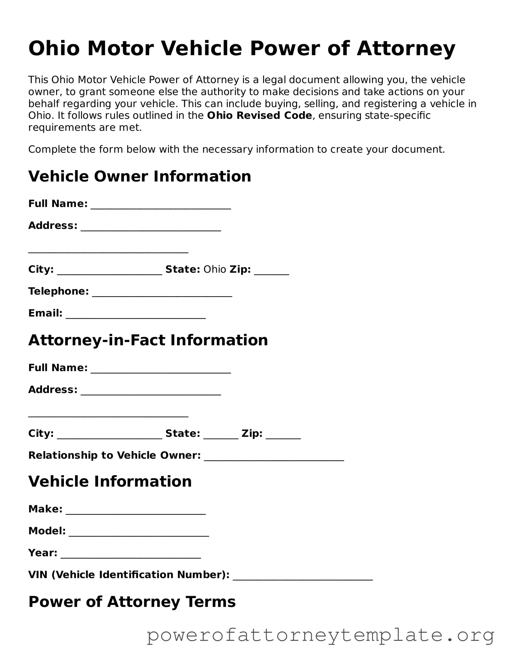 Legal Ohio Motor Vehicle Power of Attorney Template