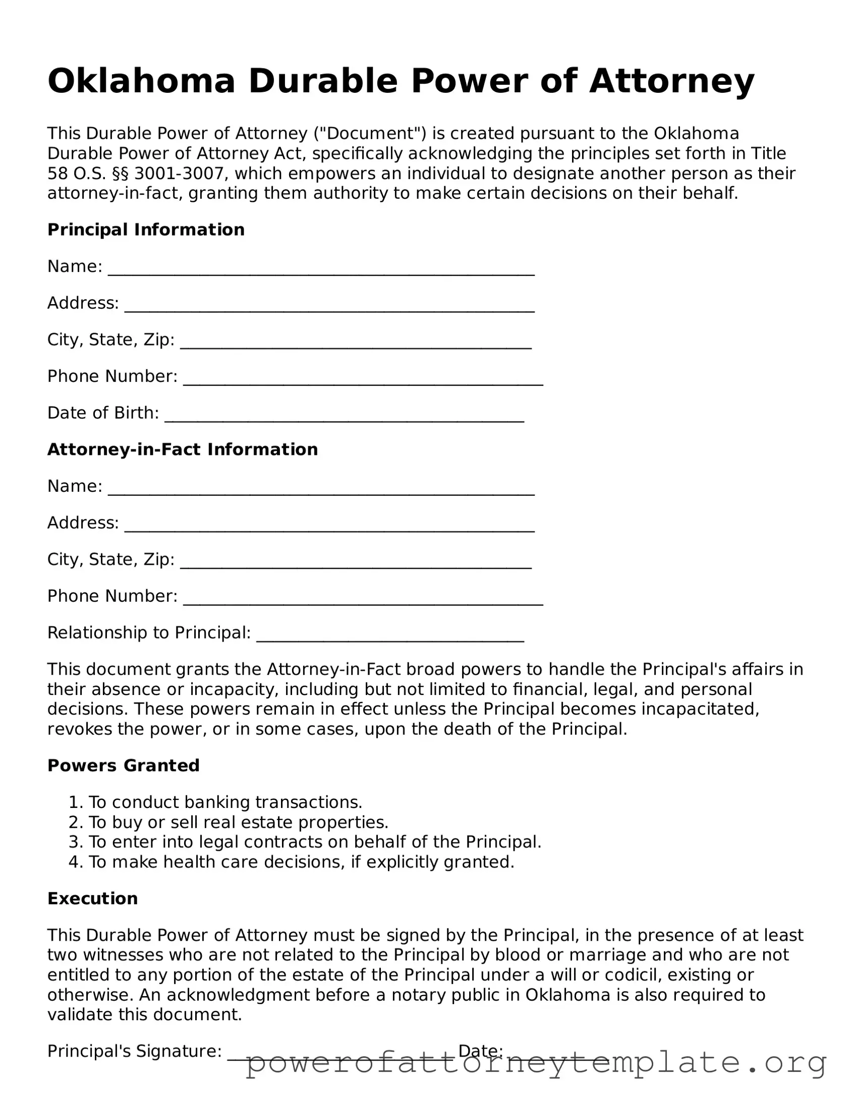Legal Oklahoma Durable Power of Attorney Template