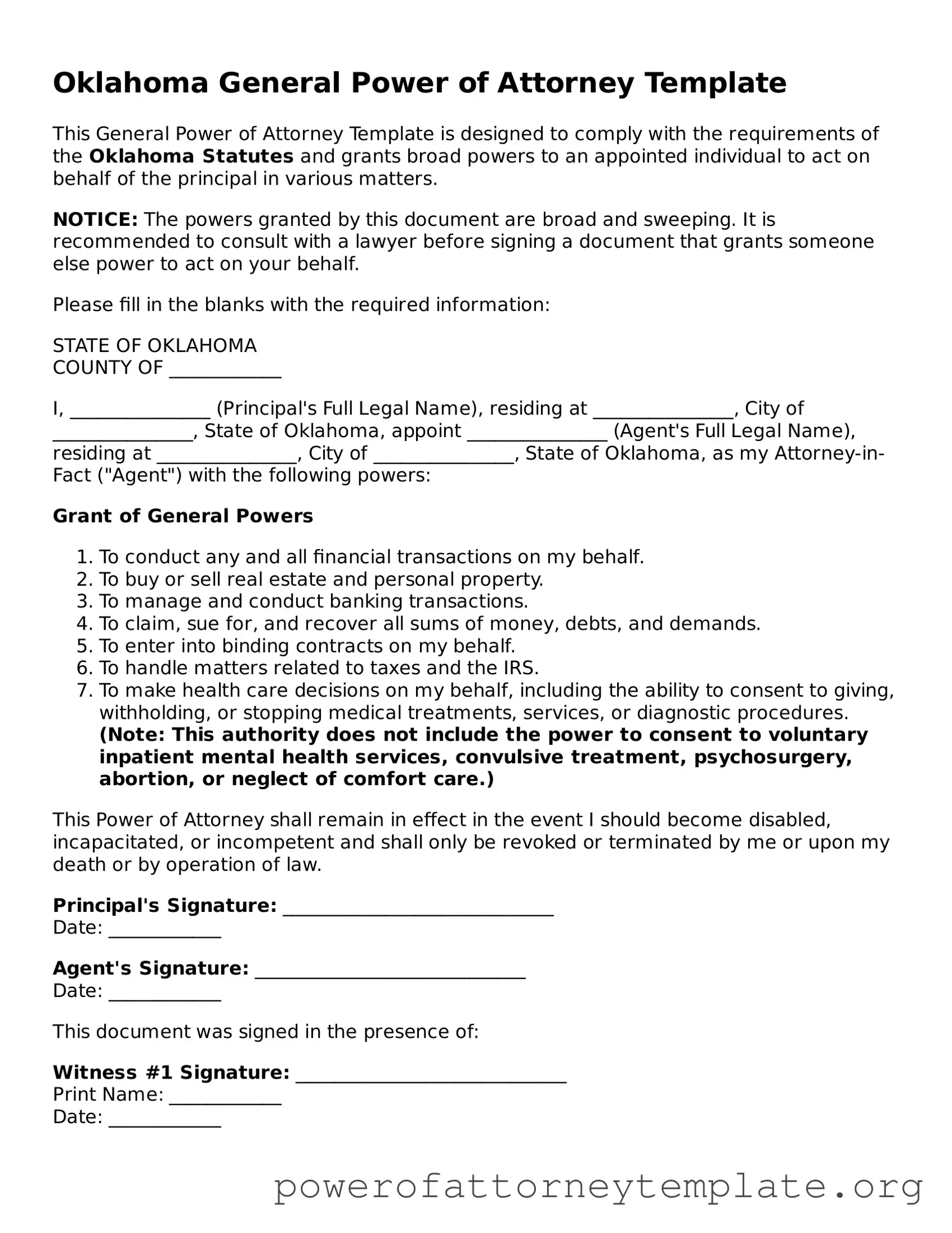 Legal Oklahoma General Power of Attorney Template