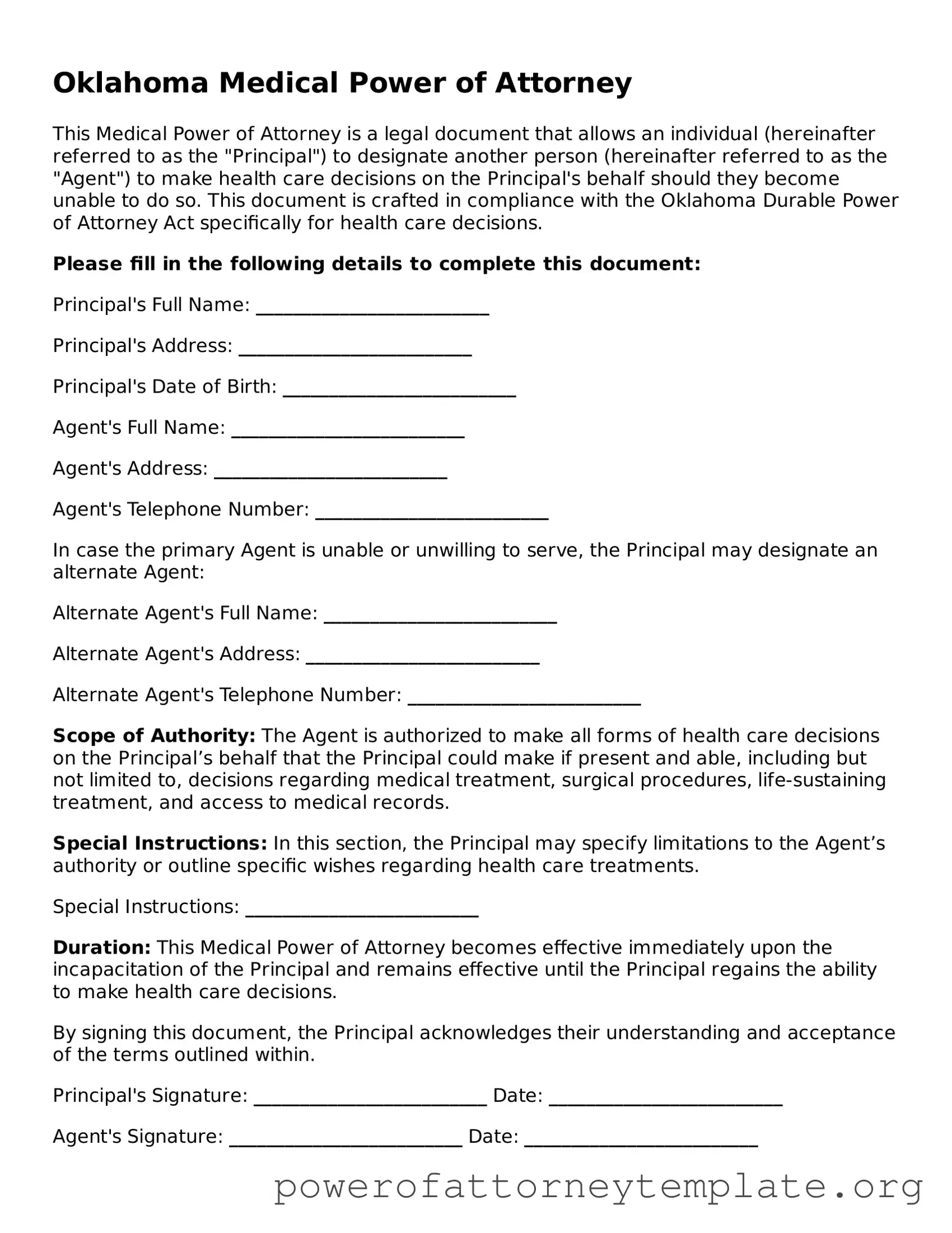 Legal Oklahoma Medical Power of Attorney Template