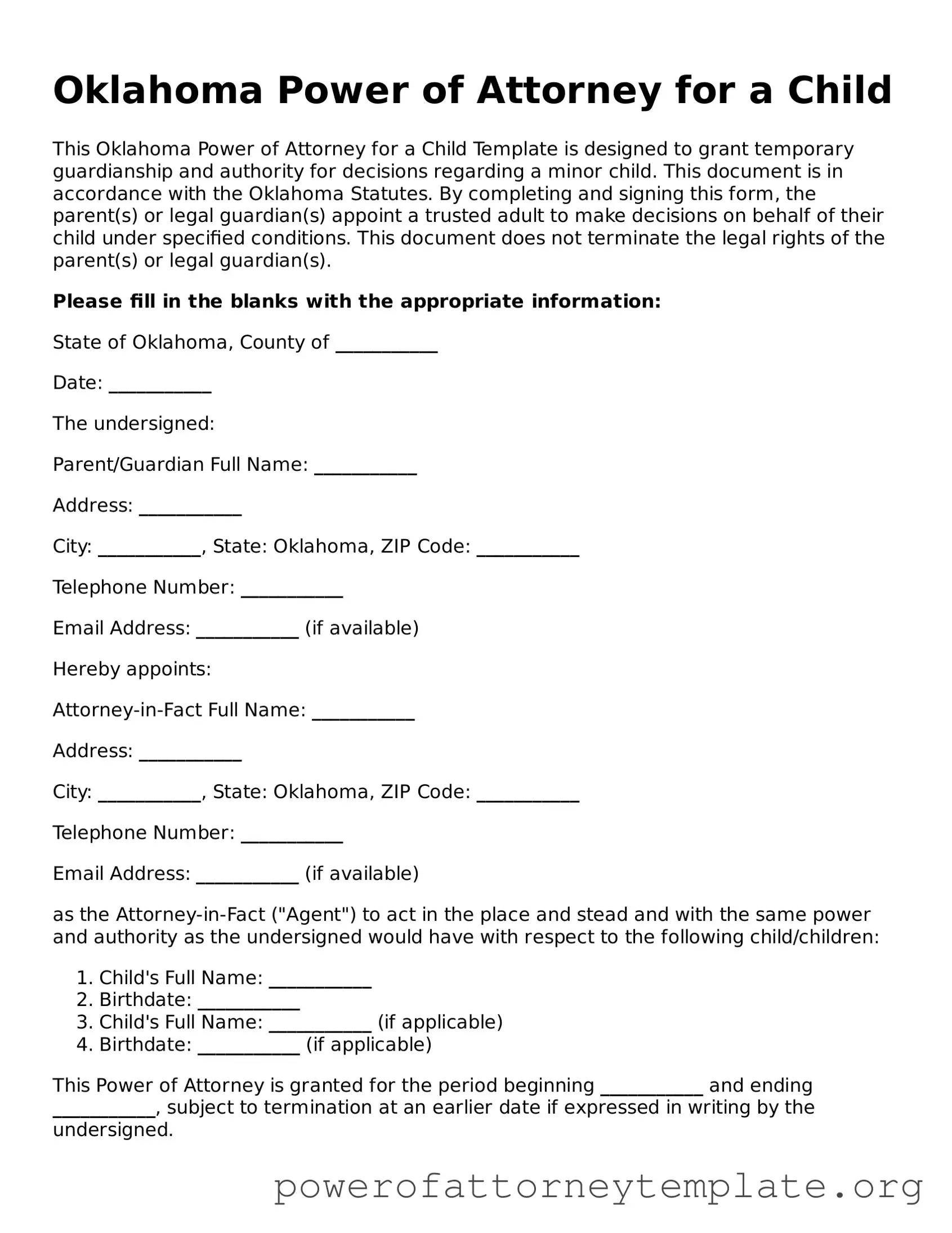Legal Oklahoma Power of Attorney for a Child Template