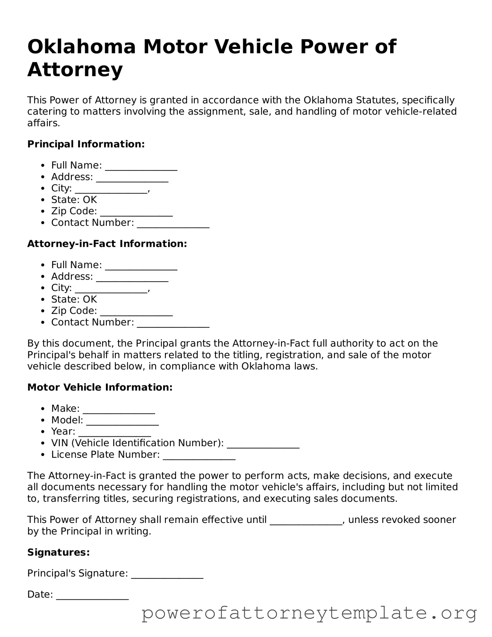 Legal Oklahoma Motor Vehicle Power of Attorney Template