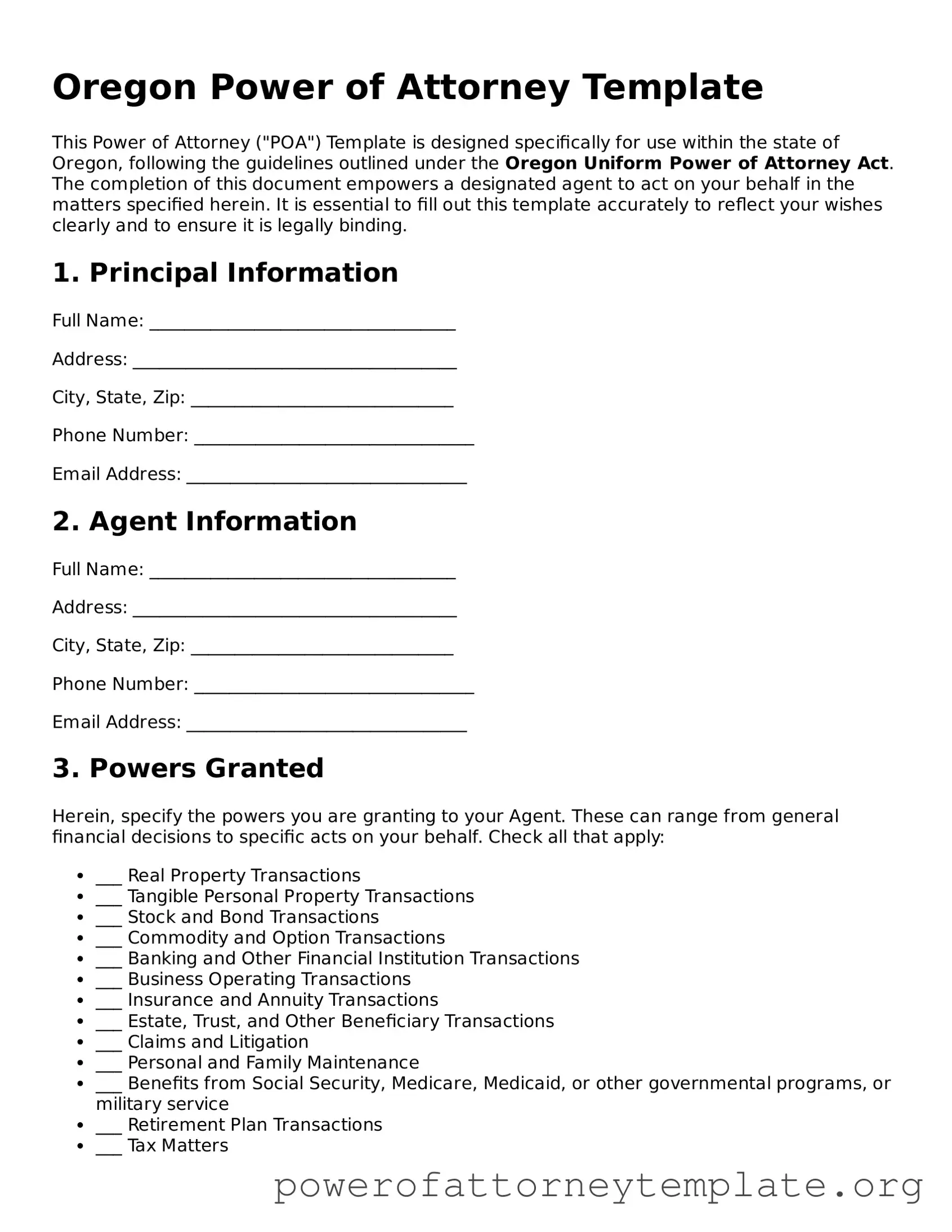 Legal Oregon Power of Attorney Template