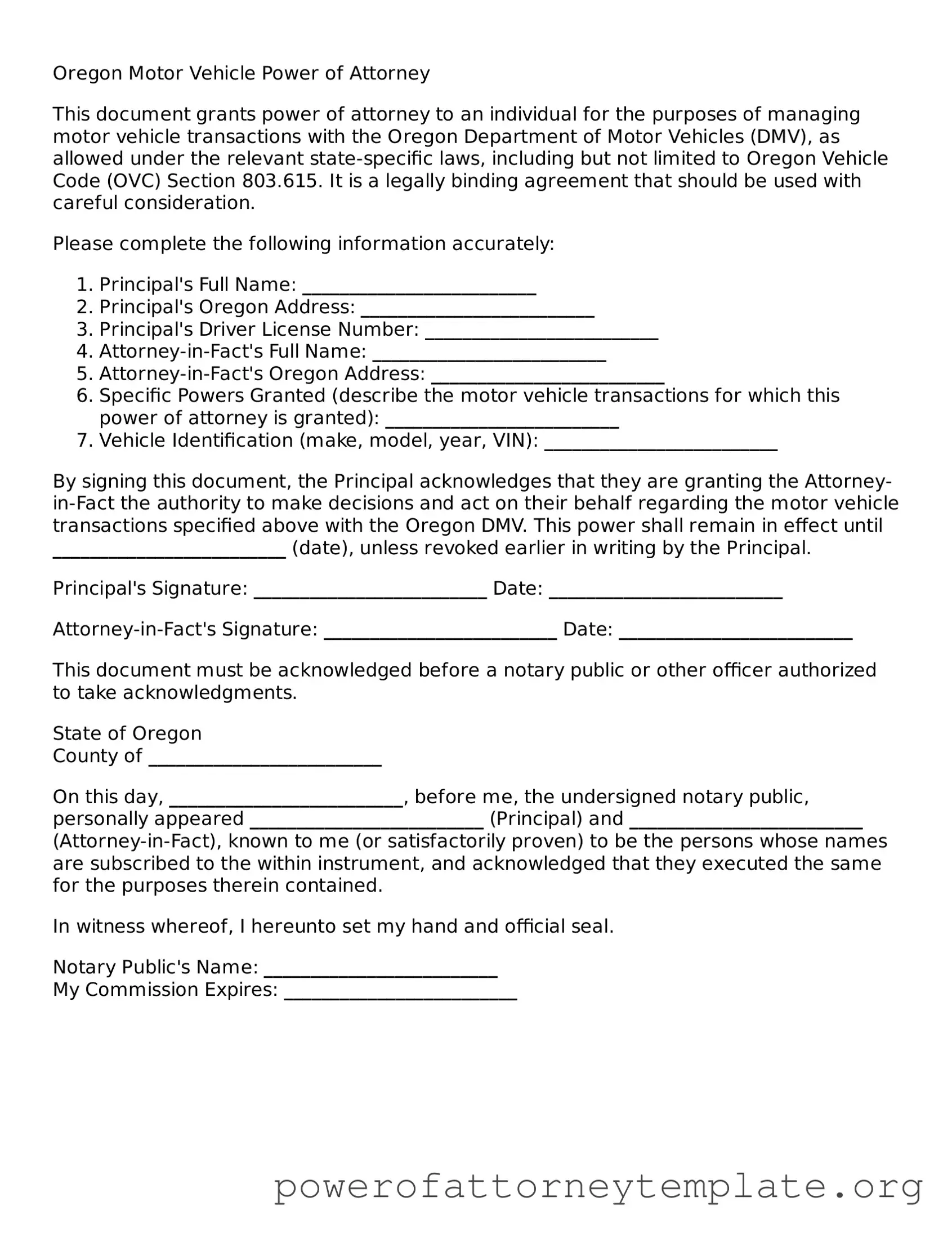 Legal Oregon Motor Vehicle Power of Attorney Template