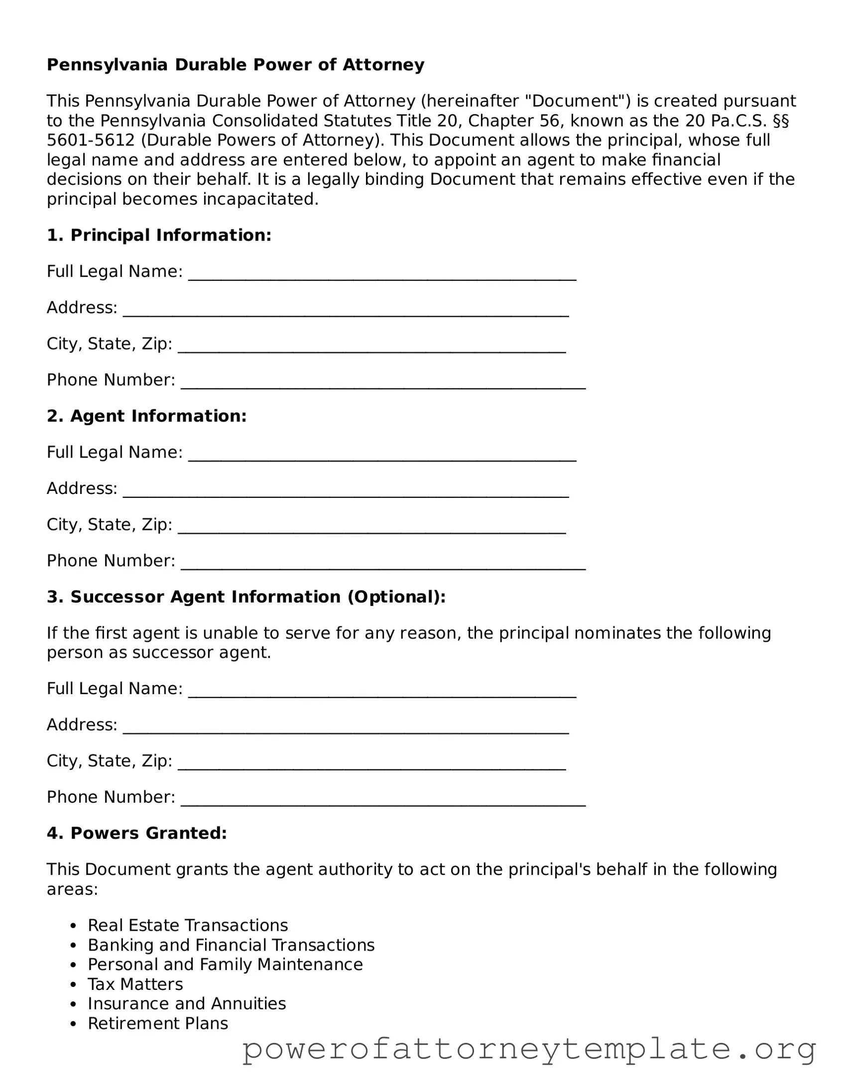 Legal Pennsylvania Durable Power of Attorney Template