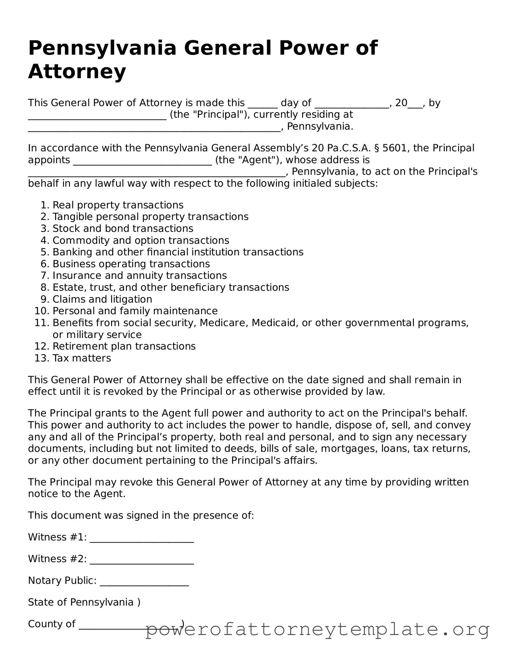 Legal Pennsylvania General Power of Attorney Template
