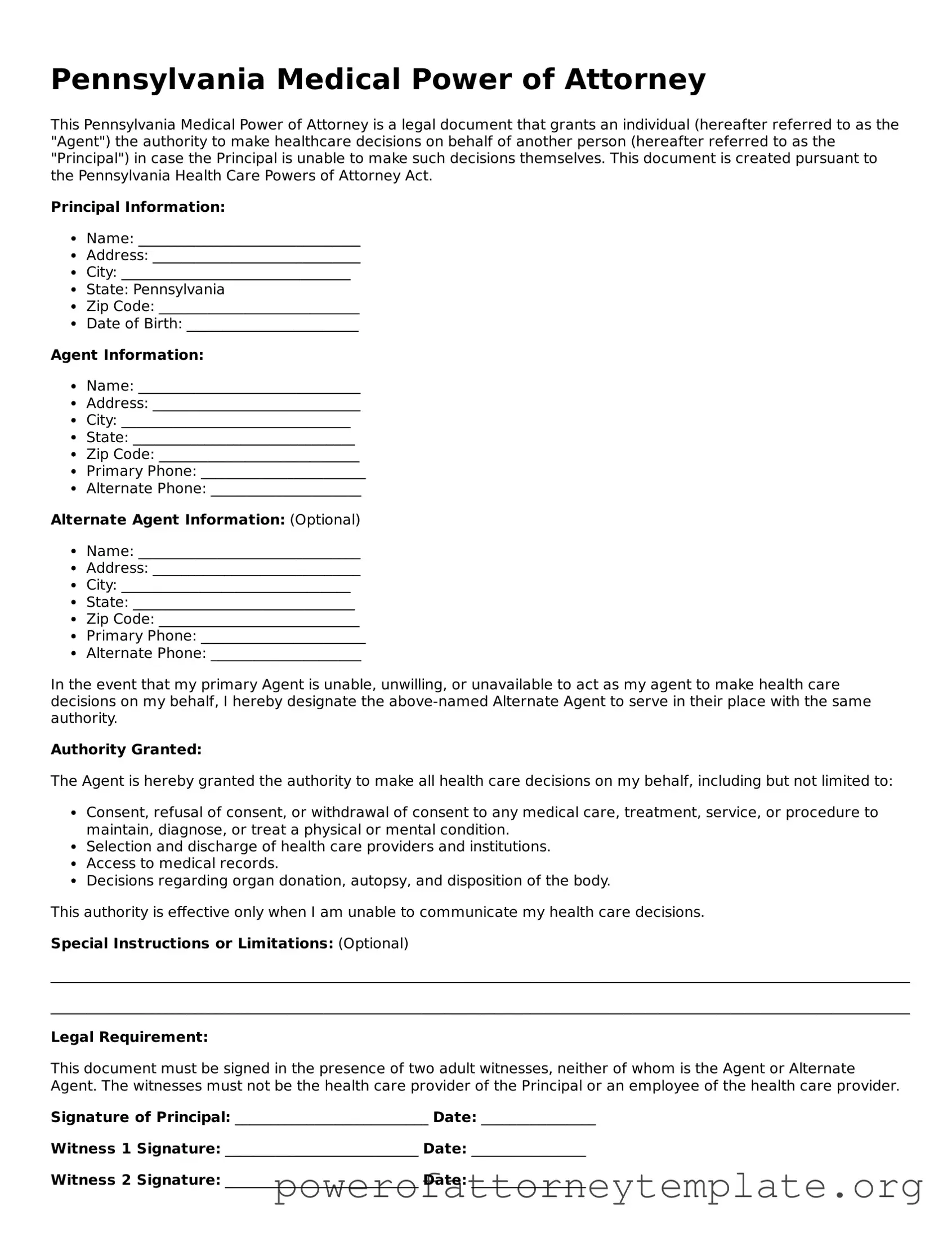 Legal Pennsylvania Medical Power of Attorney Template