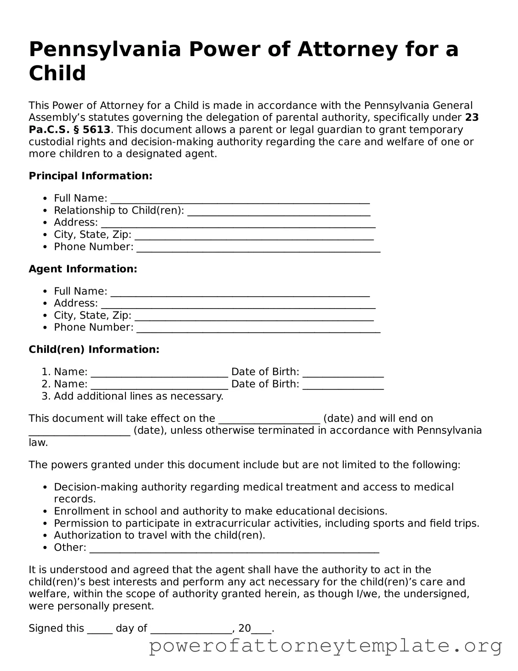Legal Pennsylvania Power of Attorney for a Child Template