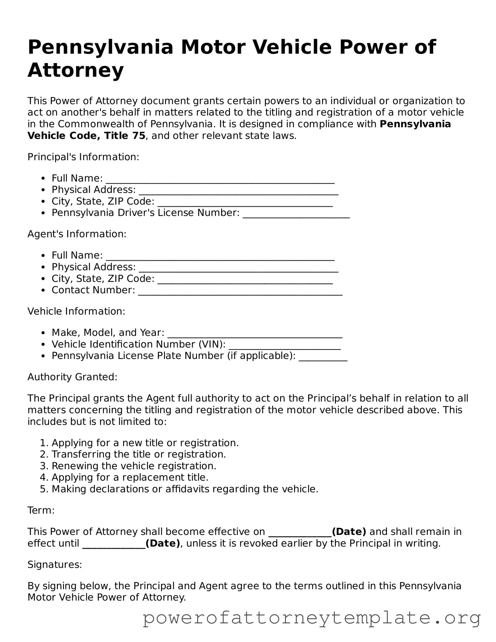 Legal Pennsylvania Motor Vehicle Power of Attorney Template