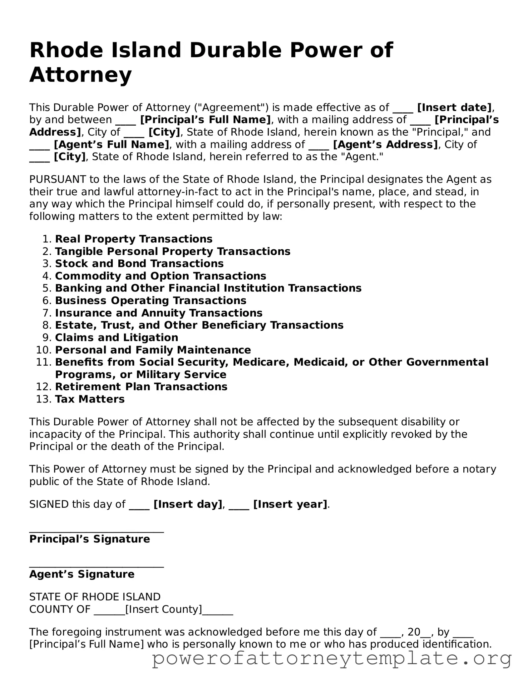 Legal Rhode Island Durable Power of Attorney Template