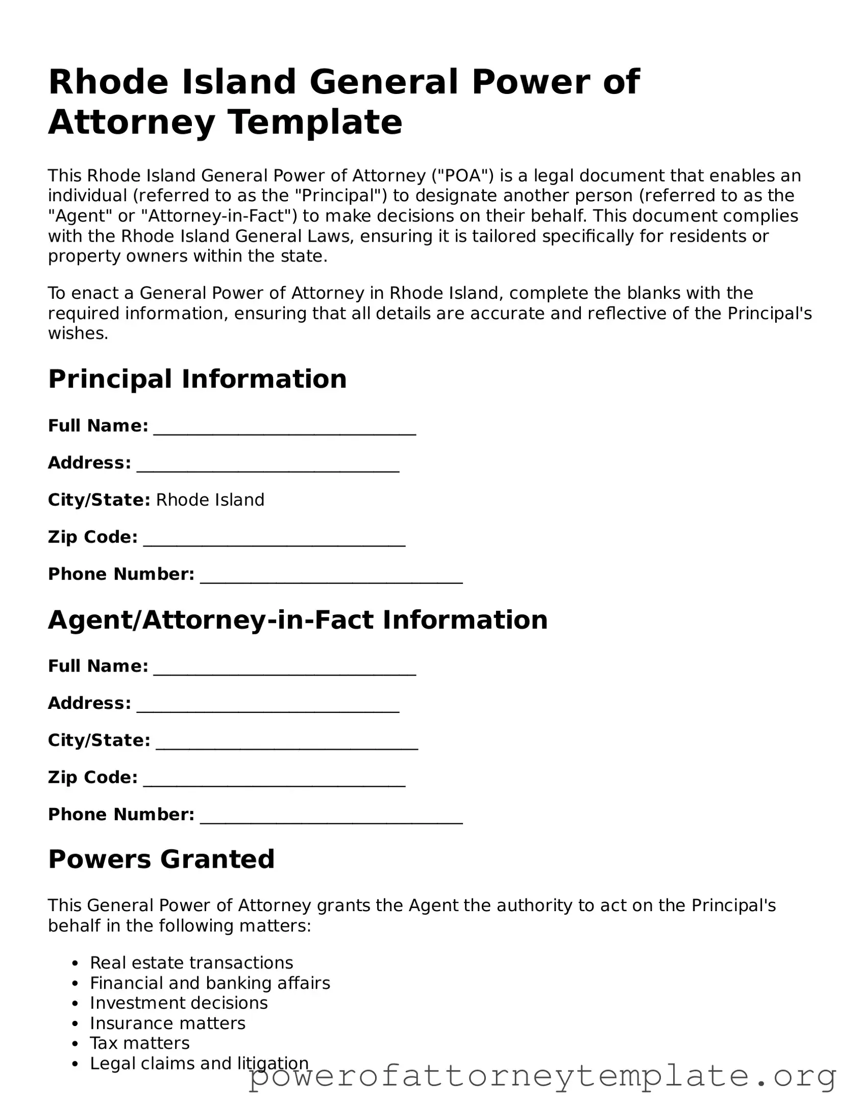 Legal Rhode Island General Power of Attorney Template