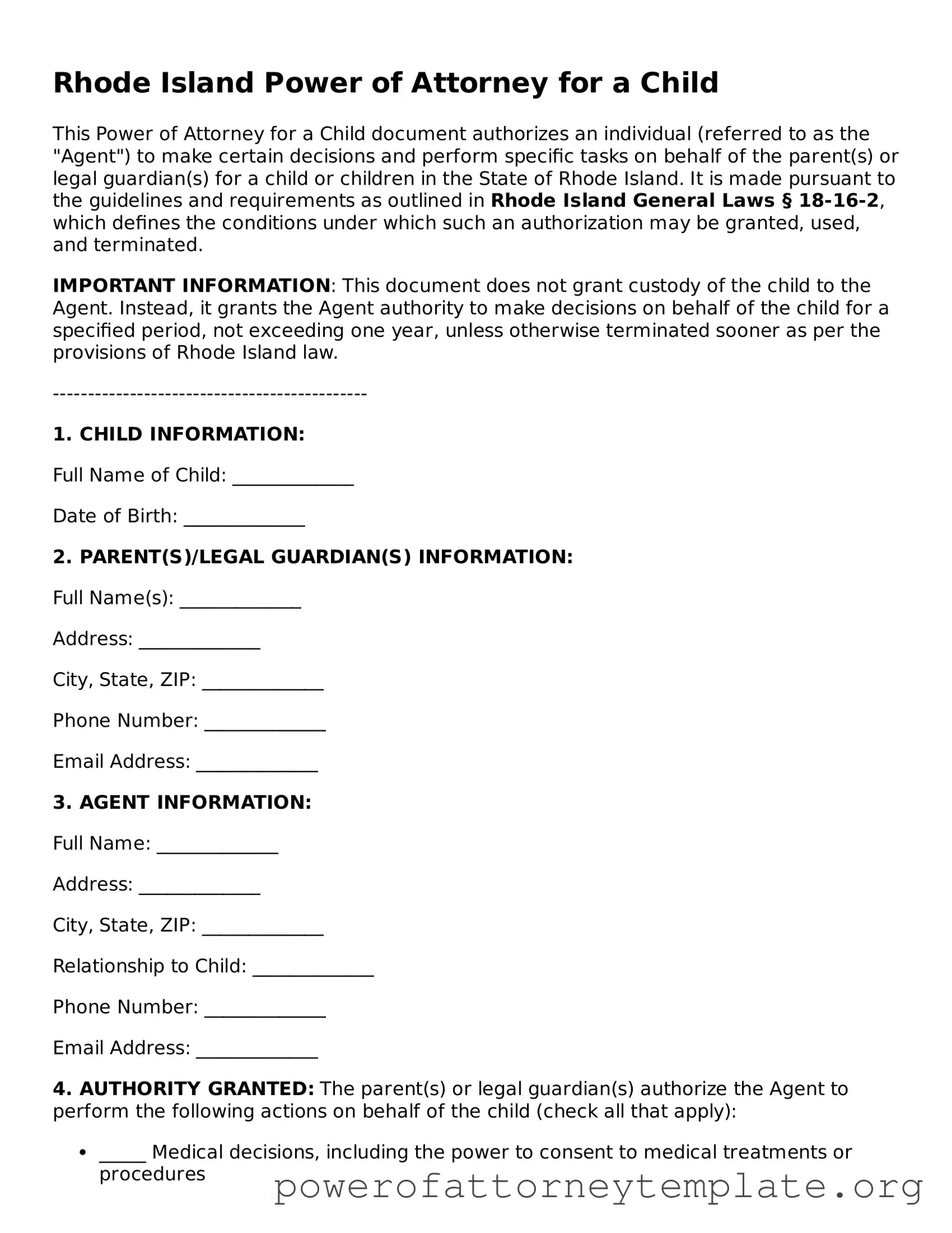 Legal Rhode Island Power of Attorney for a Child Template