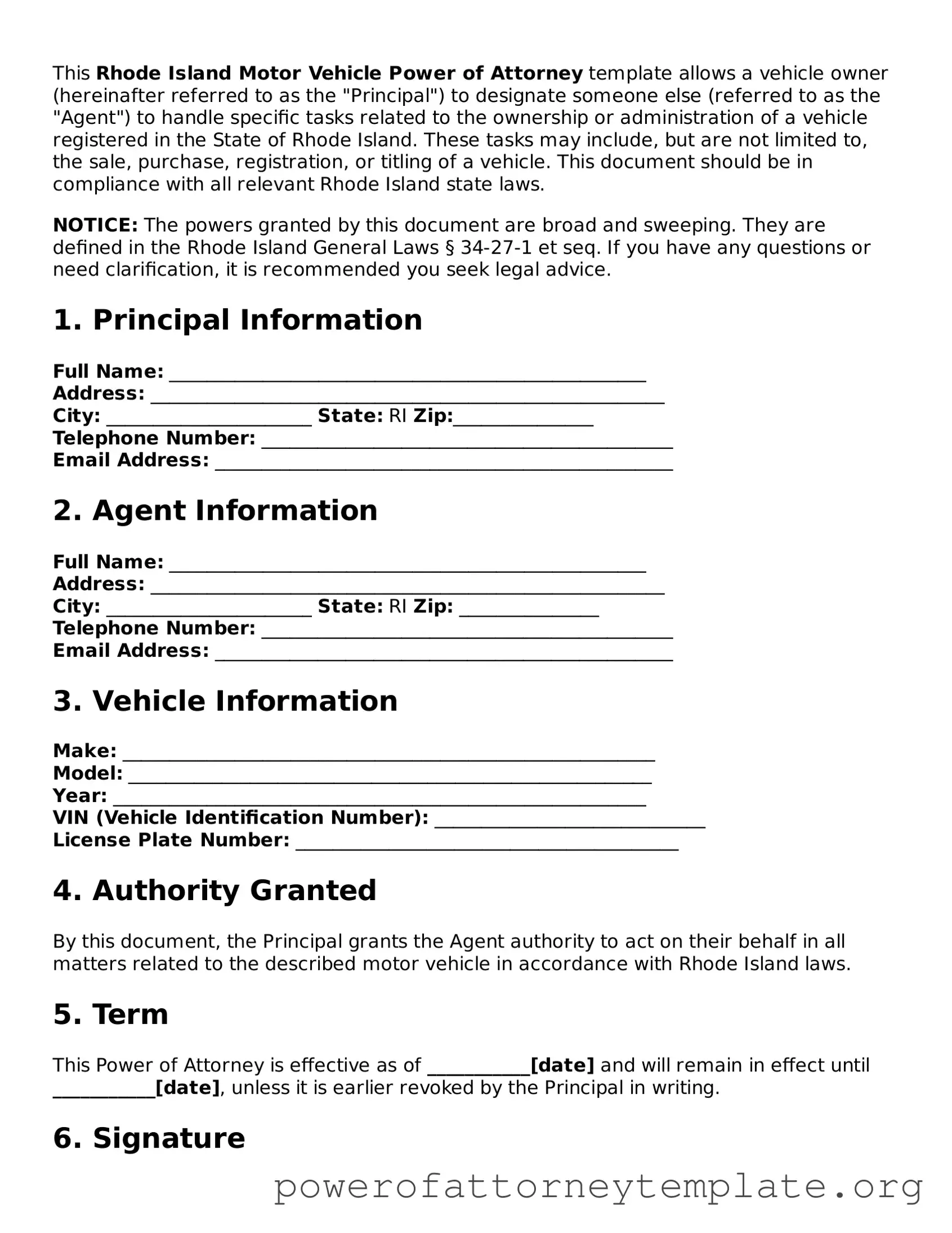 Legal Rhode Island Motor Vehicle Power of Attorney Template