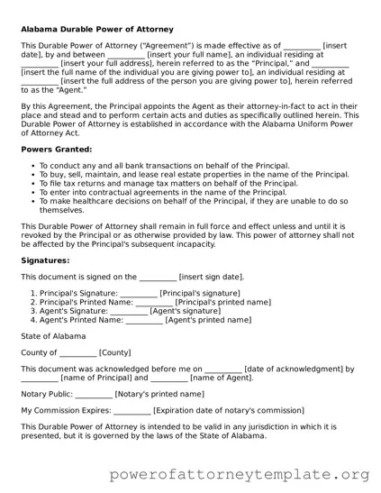 Legal Alabama Durable Power of Attorney Template