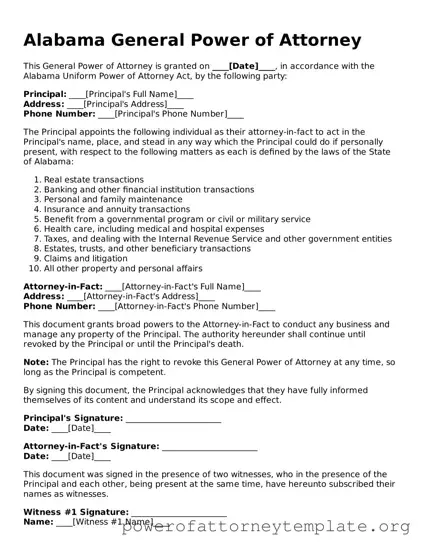 Legal Alabama General Power of Attorney Template
