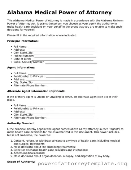 Legal Alabama Medical Power of Attorney Template