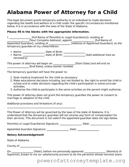 Legal Alabama Power of Attorney for a Child Template
