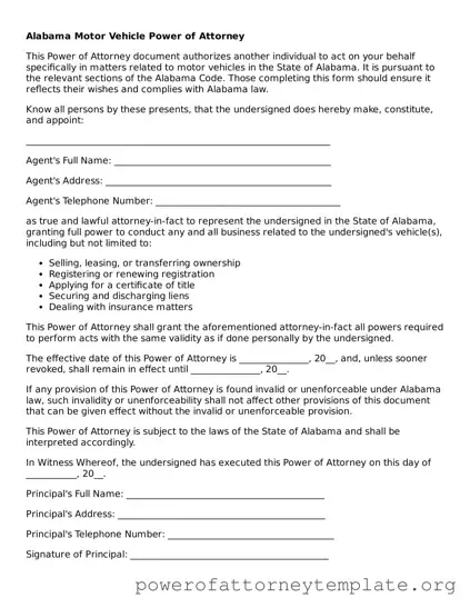 Legal Alabama Motor Vehicle Power of Attorney Template