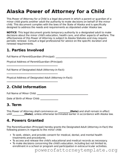 Legal Alaska Power of Attorney for a Child Template