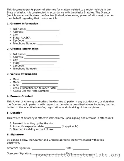 Legal Alaska Motor Vehicle Power of Attorney Template