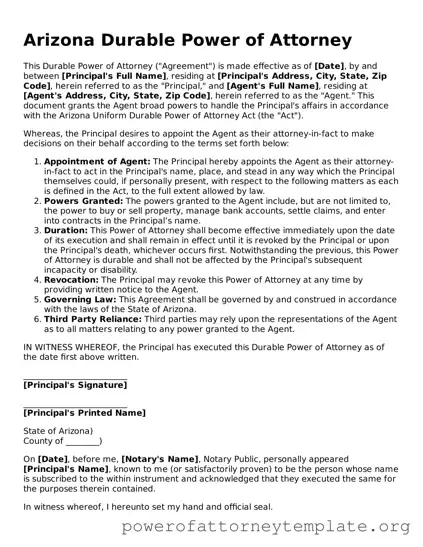 Legal Arizona Durable Power of Attorney Template