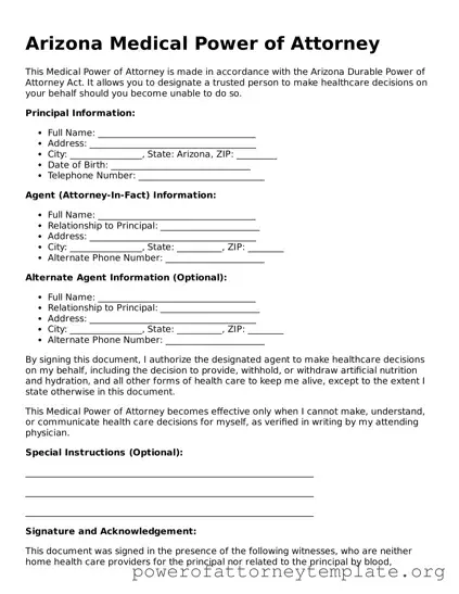 Legal Arizona Medical Power of Attorney Template