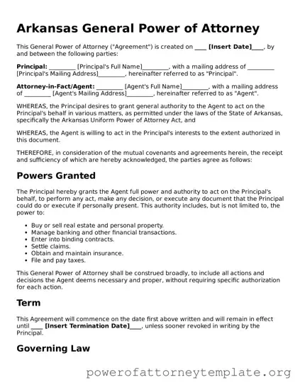 Legal Arkansas General Power of Attorney Template