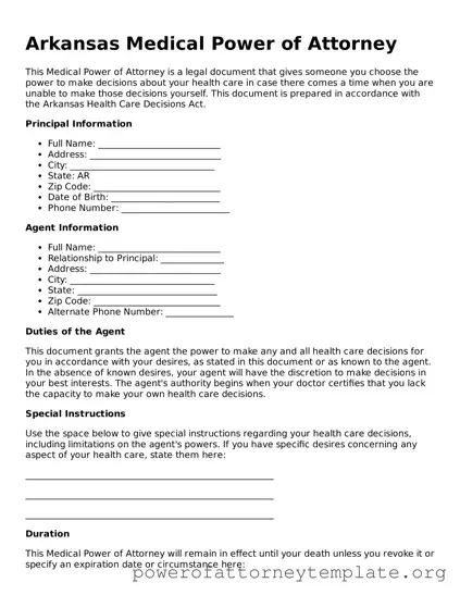 Legal Arkansas Medical Power of Attorney Template