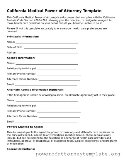 Legal California Medical Power of Attorney Template