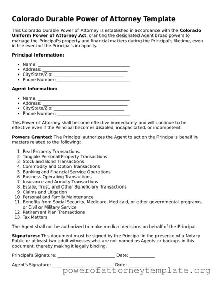 Legal Colorado Durable Power of Attorney Template