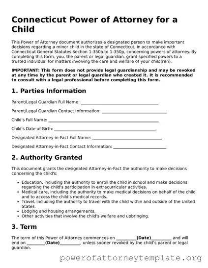 Legal Connecticut Power of Attorney for a Child Template