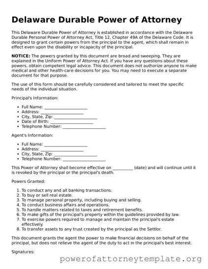 Legal Delaware Durable Power of Attorney Template
