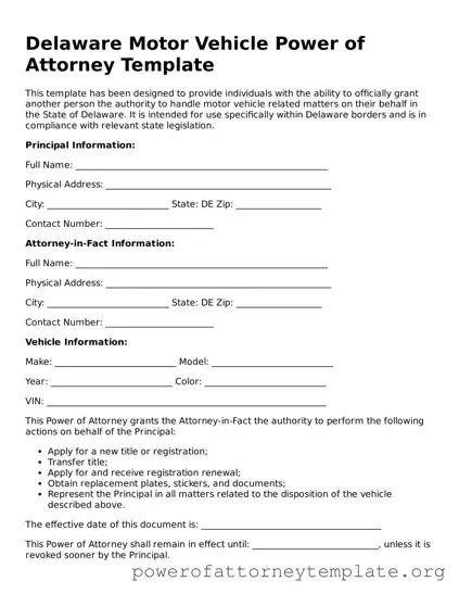 Legal Delaware Motor Vehicle Power of Attorney Template