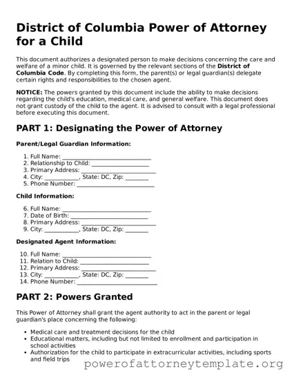 Legal District of Columbia Power of Attorney for a Child Template
