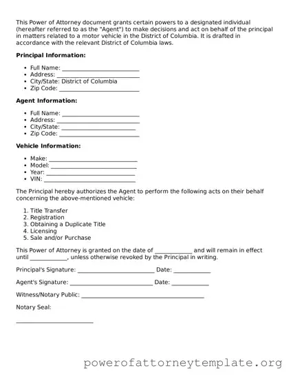 Legal District of Columbia Motor Vehicle Power of Attorney Template