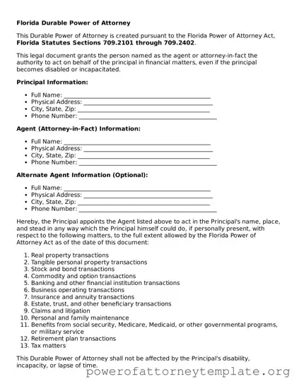 Legal Florida Durable Power of Attorney Template