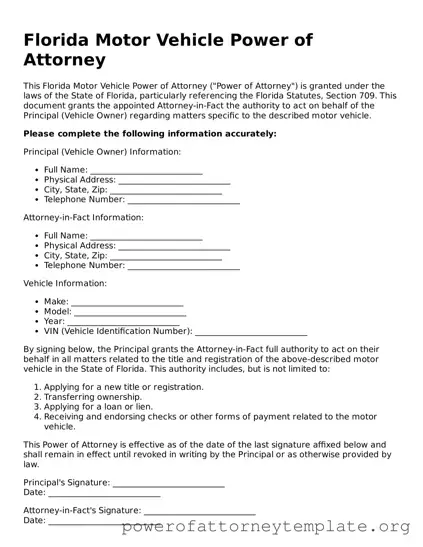 Legal Florida Motor Vehicle Power of Attorney Template