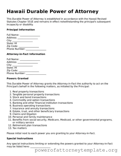 Legal Hawaii Durable Power of Attorney Template