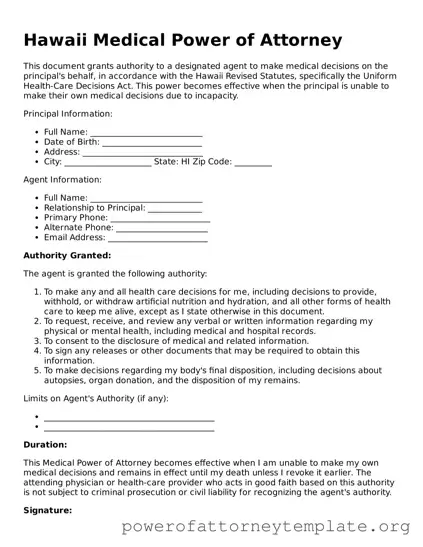 Legal Hawaii Medical Power of Attorney Template