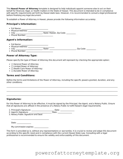 Legal Hawaii Power of Attorney Template
