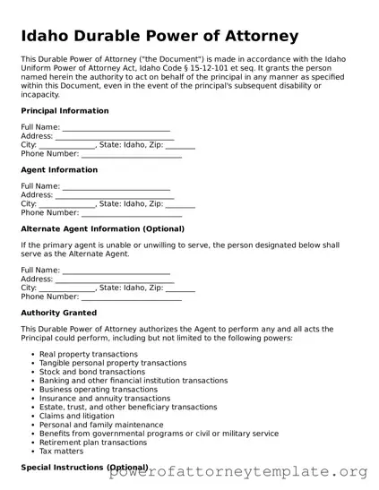 Legal Idaho Durable Power of Attorney Template
