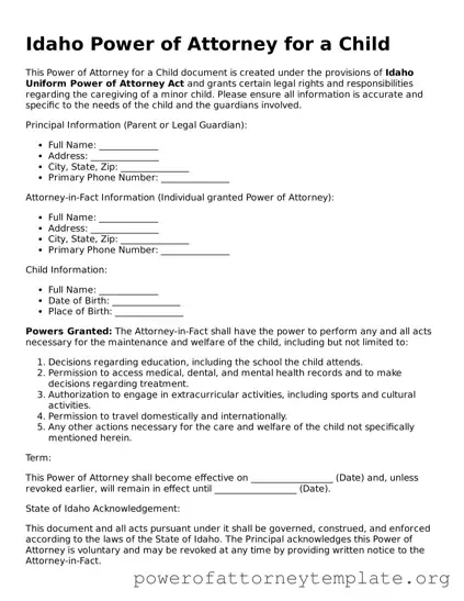 Legal Idaho Power of Attorney for a Child Template
