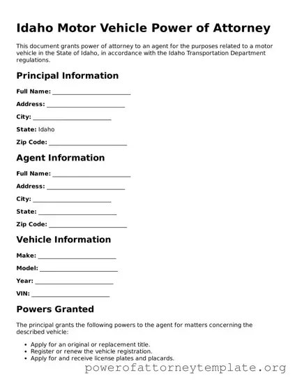 Legal Idaho Motor Vehicle Power of Attorney Template