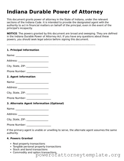 Legal Indiana Durable Power of Attorney Template