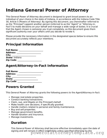 Legal Indiana General Power of Attorney Template