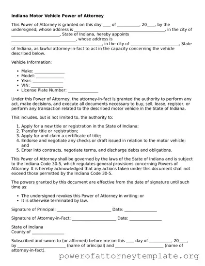 Legal Indiana Motor Vehicle Power of Attorney Template