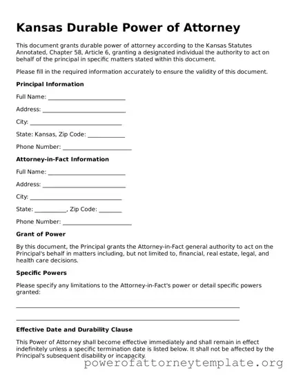 Legal Kansas Durable Power of Attorney Template