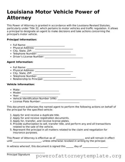 Legal Louisiana Motor Vehicle Power of Attorney Template