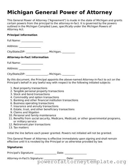 Legal Michigan General Power of Attorney Template